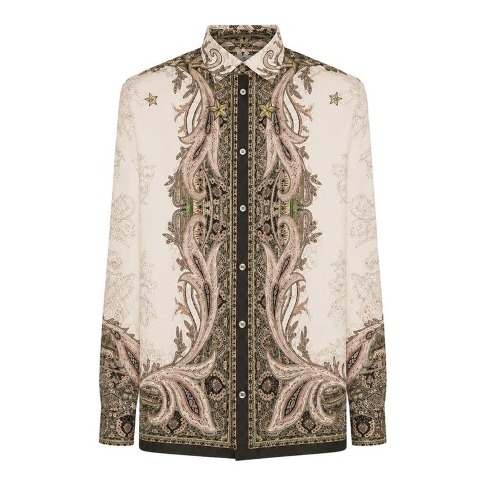 Etro Men Silk Twill Shirt With Placed Pegasus Print